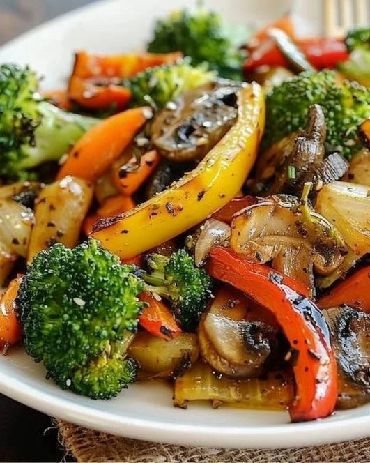 Plato de verduras salteadas saludables con colores vibrantes.