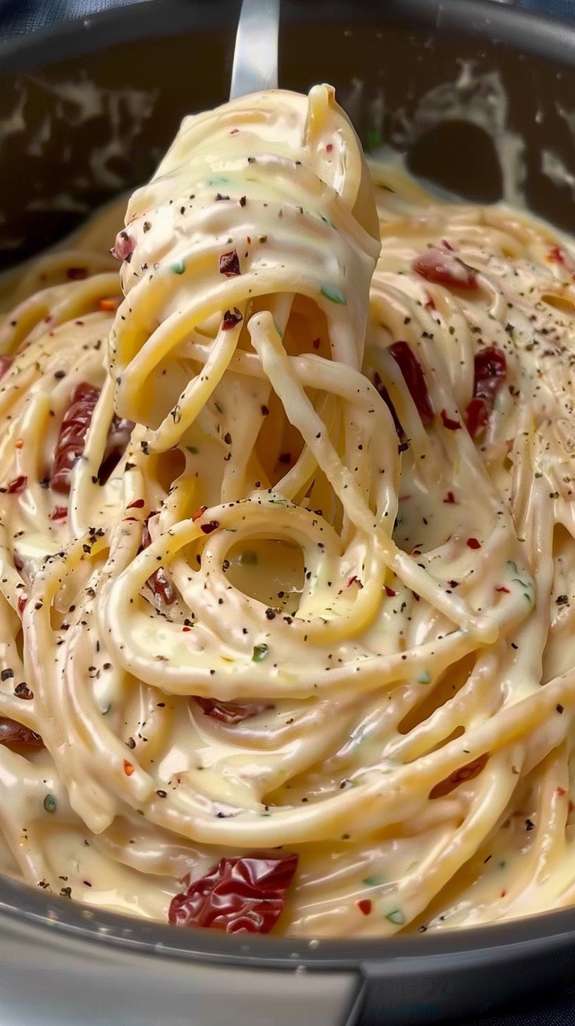 Pasta en una sola olla con queso crema y tomates secos