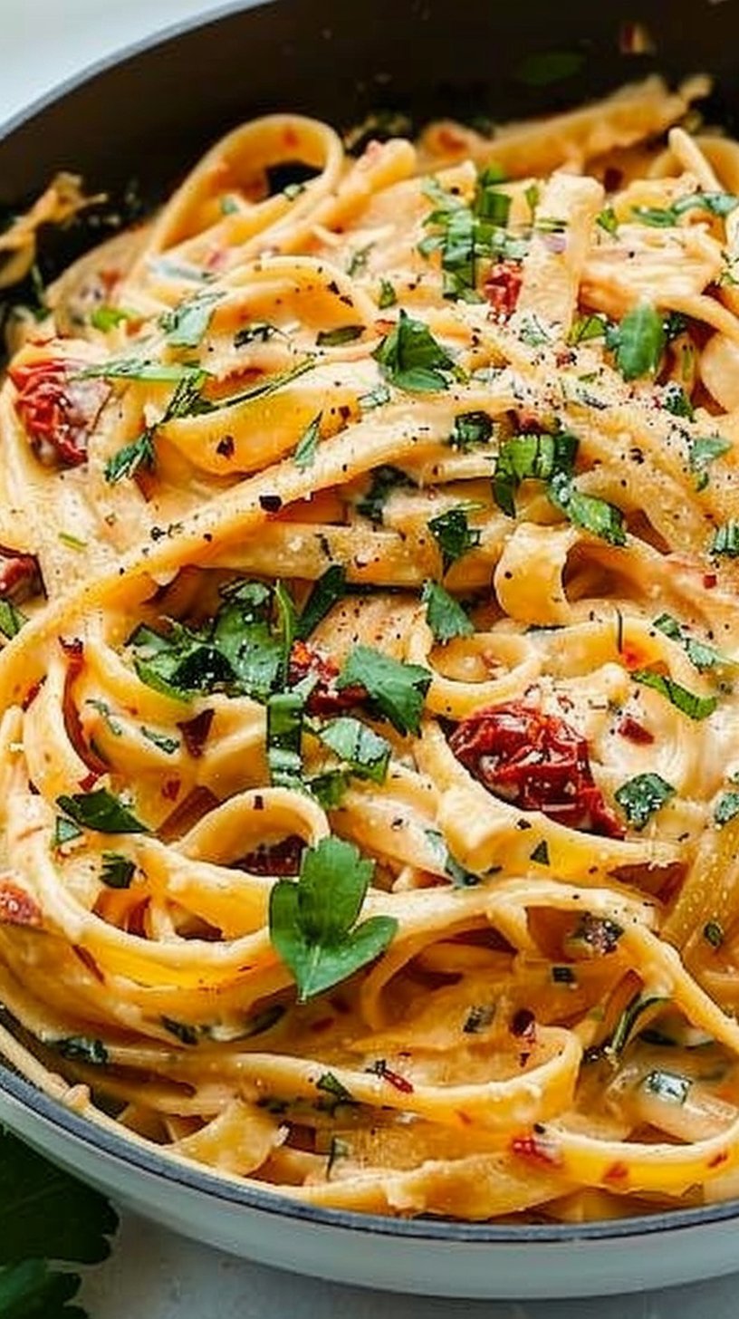 Pasta cremosa vegana con tomates secos
