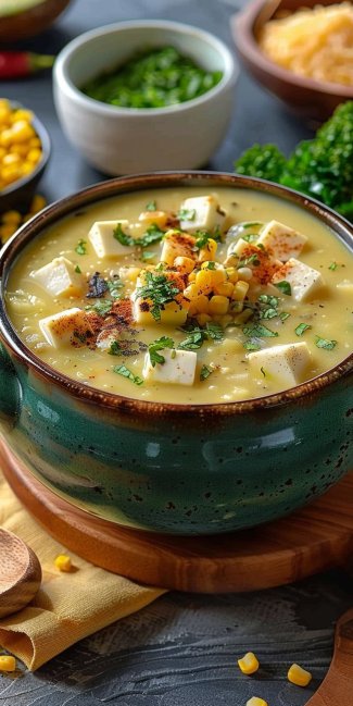 Crema de Poblano con Elote y Queso Panela