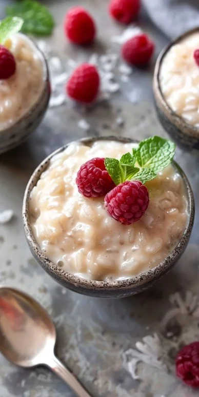 Plato de arroz con leche cremoso decorado con canela y pasas
