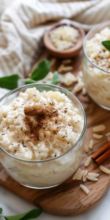 Tazón de arroz con leche cremoso espolvoreado con canela