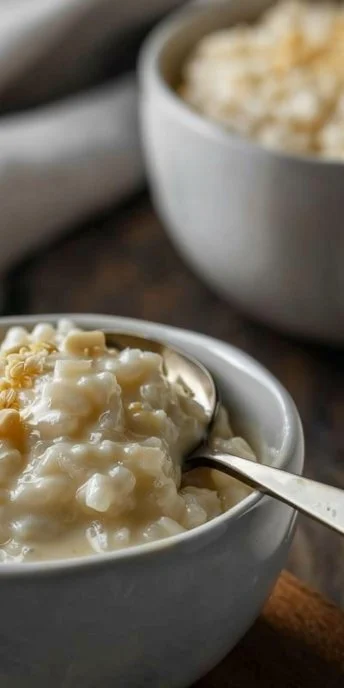Tazón de arroz con leche cremoso, un postre tradicional y delicioso en la mesa.