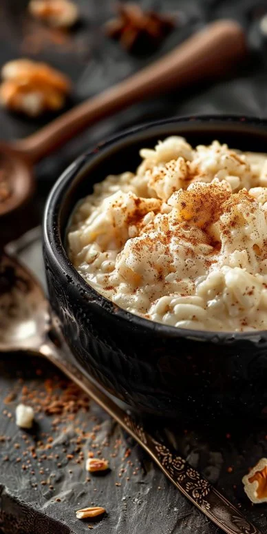 Plato de Arroz con Leche Cremoso decorado con canela y arroz
