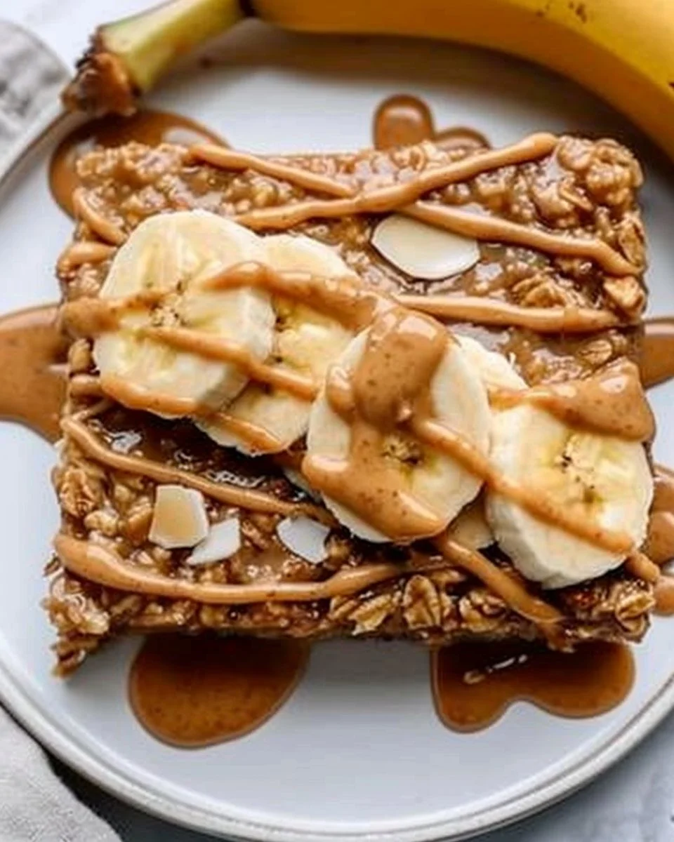 Plato de avena al horno vegana con mantequilla de maní y plátano