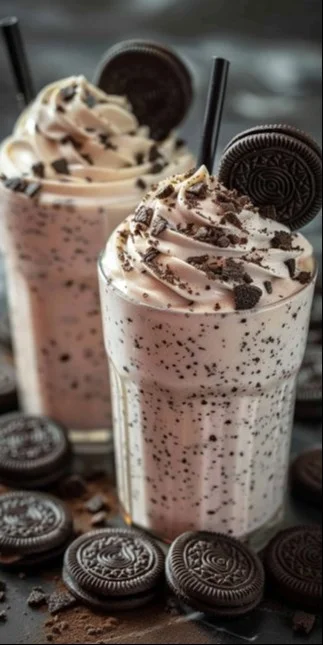 Batido de Oreo cremoso y delicioso en un vaso con galletas alrededor
