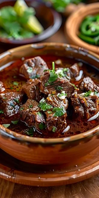 Plato de Birria de Res Casera servido en un tazón humeante.