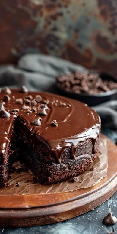 Bizcocho de chocolate sin huevo recién horneado en un plato elegante.