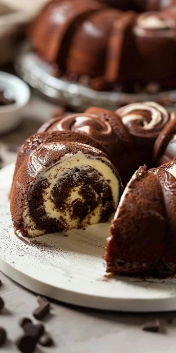 Bizcocho marmolado de vainilla y chocolate recién horneado en un plato.