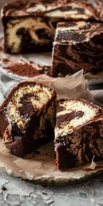 Bizcocho marmolado de vainilla y chocolate en una mesa con decoración dulce