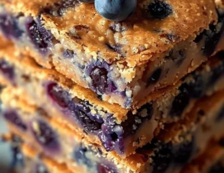 Blondies de arándanos recién horneados con textura suave y dorada
