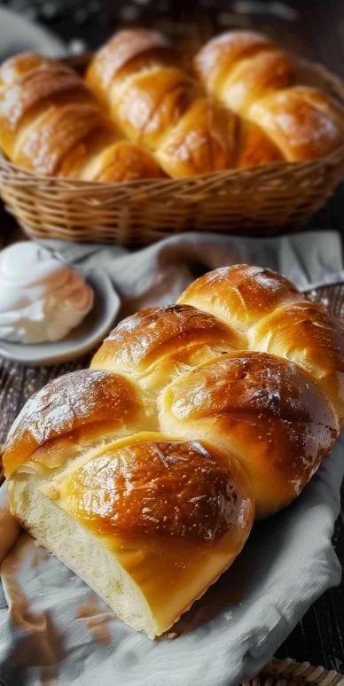 Bollos de Pan de Leche recién horneados, doraditos y esponjosos.