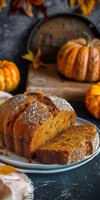 Budín de calabaza casera recién horneado con canela y nuez