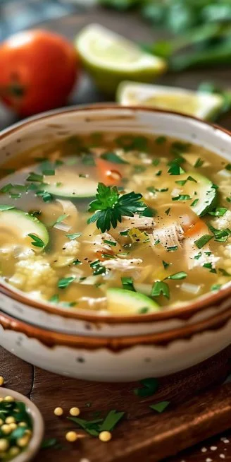 Tazón de Caldo de Pollo con Arroz de Coliflor fresco y saludable