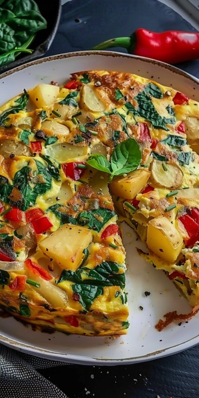 Frittata Fácil con Papas, Pimientos Rojos y Espinacas
