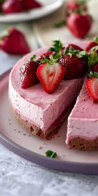 Cheesecake vegano de fresa, postre saludable y delicioso sin ingredientes de origen animal.