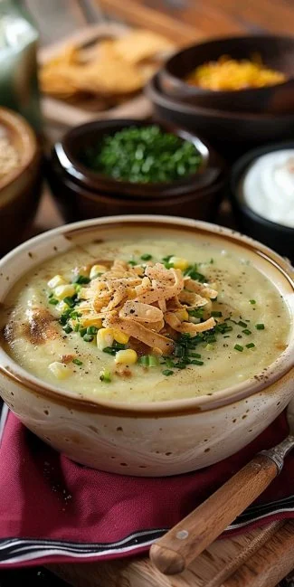Plato de crema de elote con poblano, un deleite cremoso y sabroso.