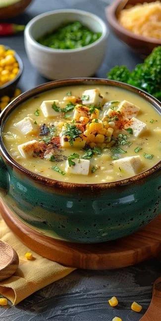 Crema de poblano con elote y queso panela en un tazón.