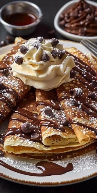 Deliciosas crepas de chocolate acompañadas de helado y nata
