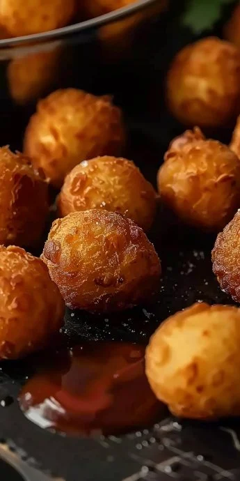 Plato de bolas de papa crujientes recién horneadas.