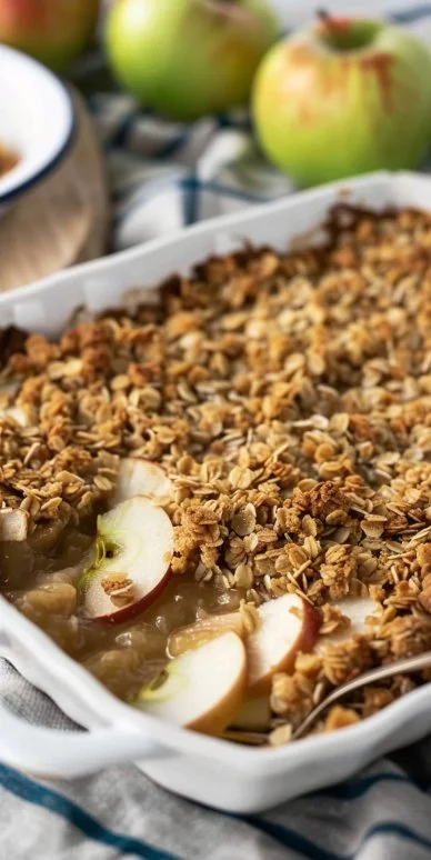 Crumble de manzana recién horneado, servido con helado.