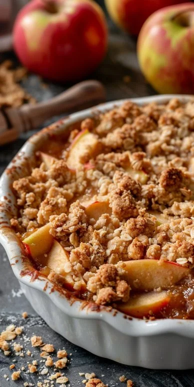 Crumble de manzana recién horneado cubierto con avena y canela