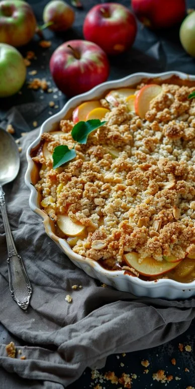 Crumble de manzana recién horneado con cobertura crujiente y trozos de manzana