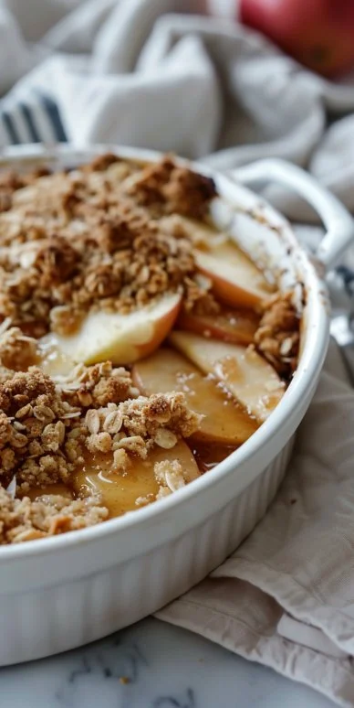 Crumble de manzana recién horneado con una cobertura crujiente