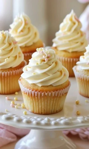 Cupcakes de vainilla decorados con crema y chispas de chocolate