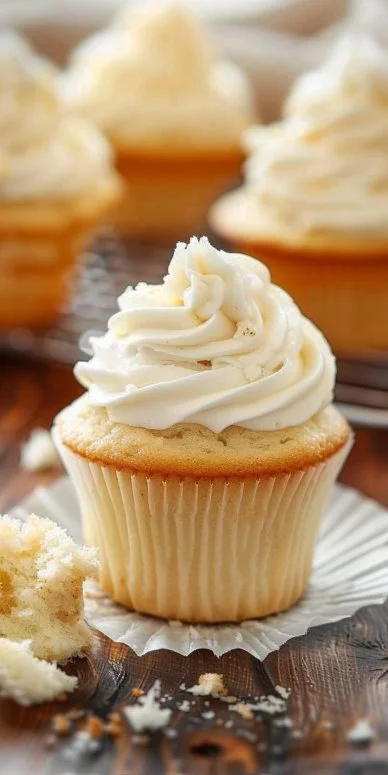 Cupcakes de vainilla decorados con crema y sprinkles coloridos