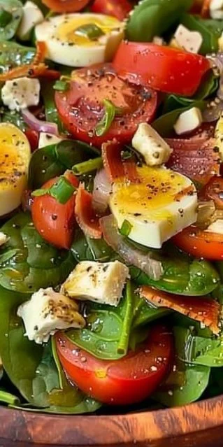 Ensalada clásica de espinacas con ingredientes frescos y coloridos