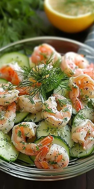 Ensalada cremosa de pepino y camarones en un tazón