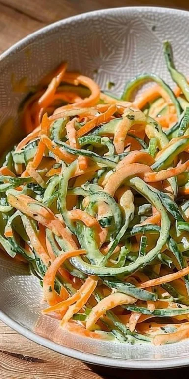 Ensalada cremosa de pepino y zanahoria en un plato colorido