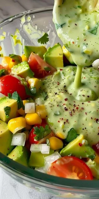 Ensalada de aguacate con aderezo de lima y cilantro en un plato colorido.