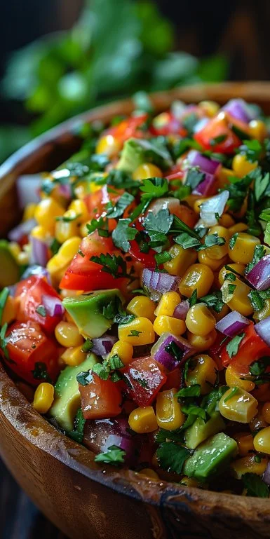 Ensalada de aguacate y maíz fresca y colorida en un tazón