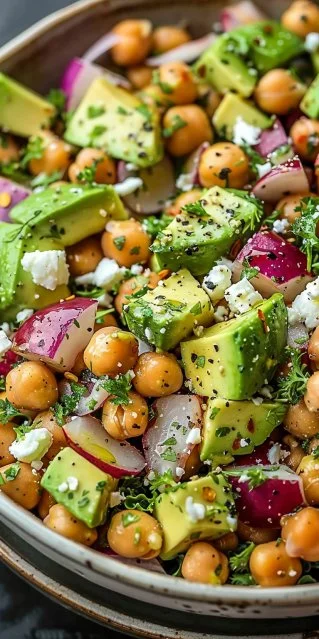 Ensalada de Garbanzos con Feta y Aguacate en un plato colorido