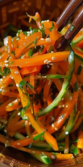 Ensalada fresca de pepino y zanahoria en un plato blanco