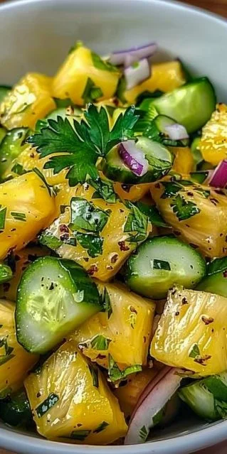 Ensalada de piña y pepino fresca y colorida en un plato.