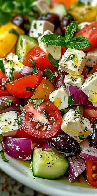 Deliciosa ensalada griega clásica con tomates, pepinos y queso feta.