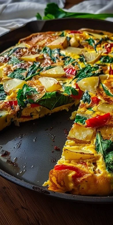 Frittata fácil con papas, pimientos rojos y espinacas en un plato colorido