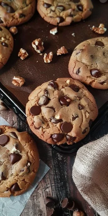 Deliciosas galletas con chispas de chocolate y nueces recién horneadas