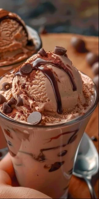 Tazón de helado de chocolate con virutas de chocolate y fresas