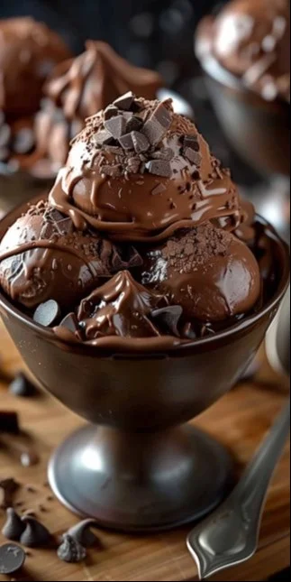 Helado de chocolate doble cremoso y delicioso en un cono.