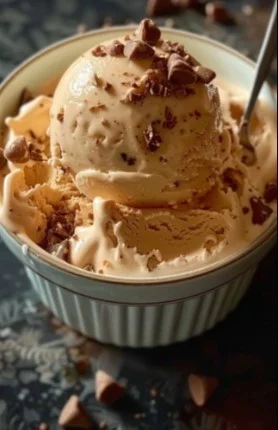 Helado cremoso de dulce de leche servido en un tazón con topping de caramelo
