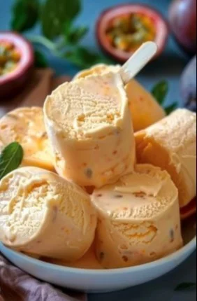 Helado de maracuyá cremoso servido en un bol con frutas frescas