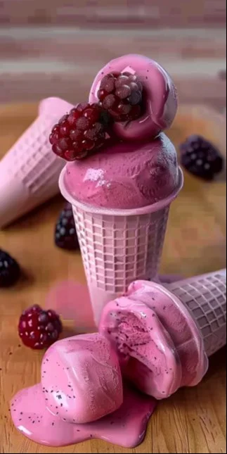 Helado de mora cremoso y fresco servido en un cono