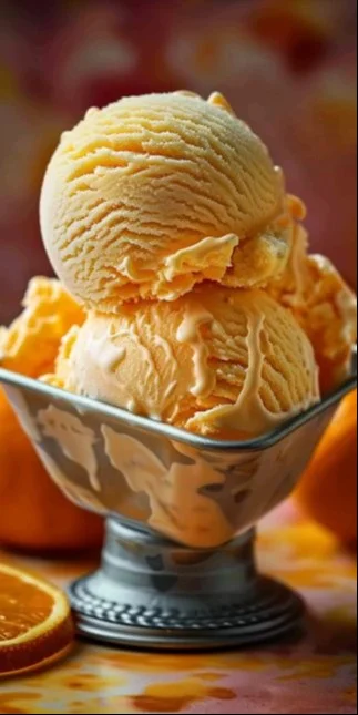 Helado de naranja casero servido en un tazón con trozos de naranja fresca.
