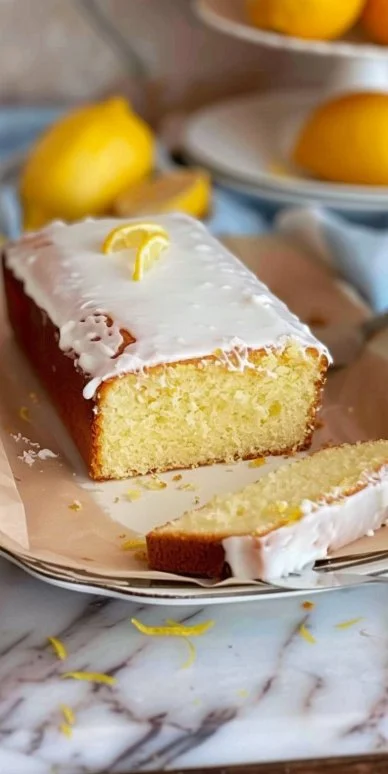 Pastel de limón húmedo y esponjoso decorado con glaseado de limón.