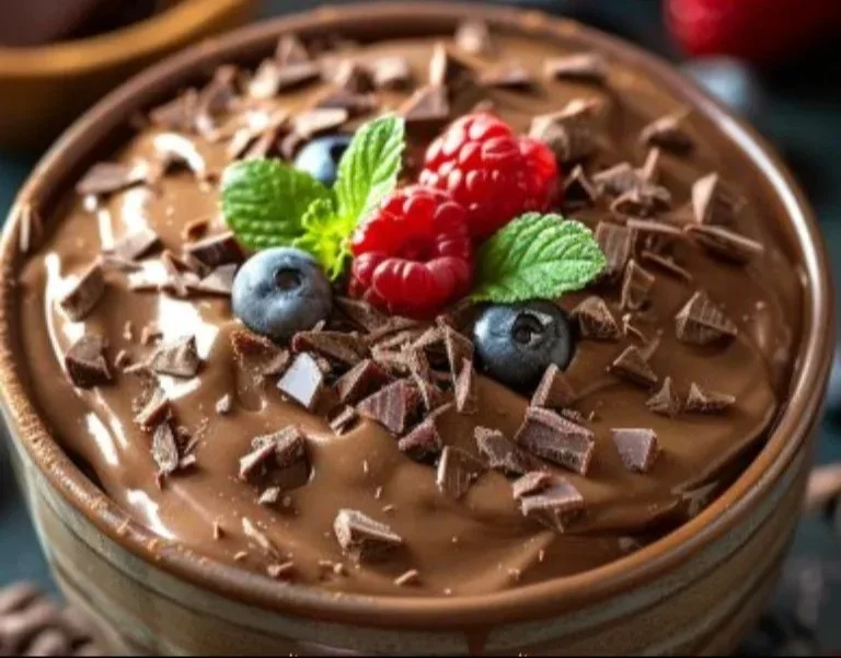 Mousse de chocolate cetogénica en un bol decorado con chocolate y fresas