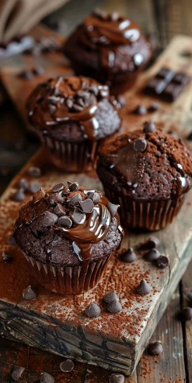 Deliciosos muffins de chocolate recién horneados sobre una mesa de madera.